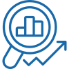Blue magnifying glass with an arrow pointing up to a bar chart, set against a white background icon