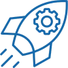 Blue rocket with a gearwheel on top of it, set against a white background