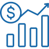 Blue bar chart with a dollar sign on top of it, set against a white background