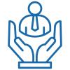 Blue line icon of two hands holding a person, symbolizing the importance of helping others icon