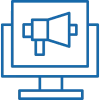 Blue line icon of a computer monitor with a megaphone in the center, set against a white background icon